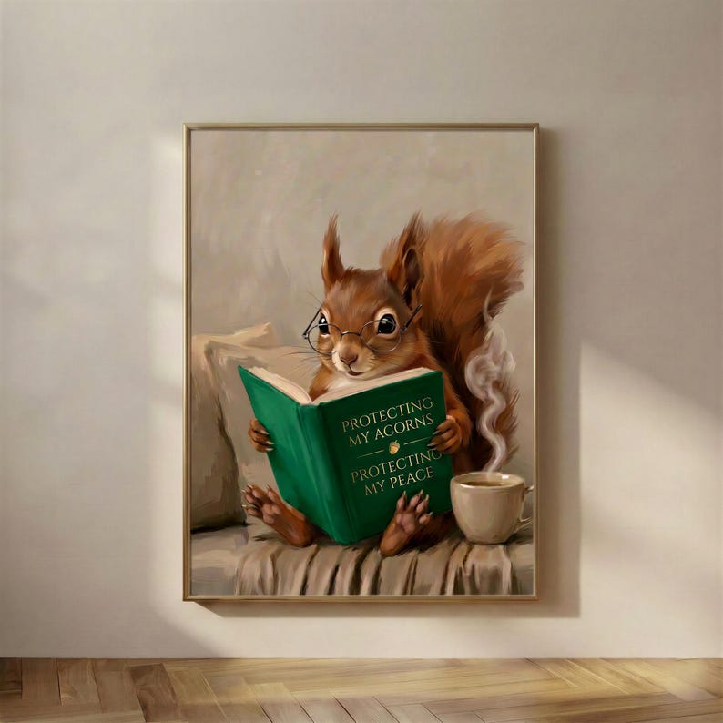 Painterly print of a red squirrel in round glasses reading a green book titled Protecting My Acorns, Protecting My Peace, framed on a warm plaster wall