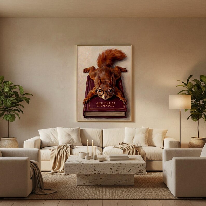Squirrel on a book wall art framed on a warm plaster wall in a calm light-filled living room with a cream linen sofa