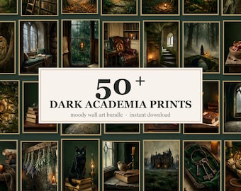 50+ Dark Academia Wall Art Prints, Moody Gothic Bookshelf Decor, Halloween Library Printable Bundle
