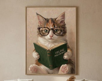 Muurdecoratie met een kat die een boek leest | Portret van een kitten met een bril | Cadeau voor boekenliefhebbers (digitale download)