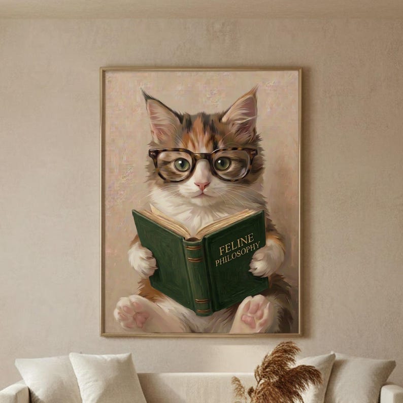Painterly print of a calico kitten in round tortoiseshell glasses reading a green book framed in a slim wood frame on a warm plaster living-room wall above a cream linen sofa