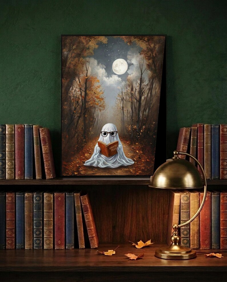 Painterly print of a small ghost in round glasses reading on an autumn woodland path, holding a book titled Ghostly Tales, framed and leaning on a dark wood library shelf against a deep green wall