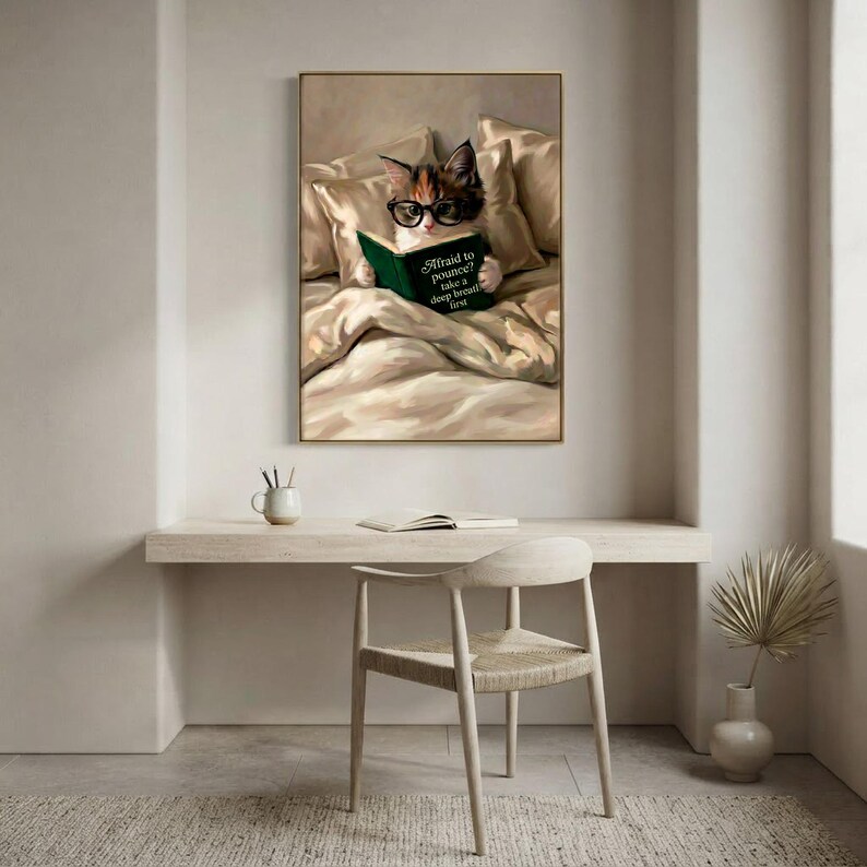 The cat reading print framed above a pale desk in a quiet, minimal workspace