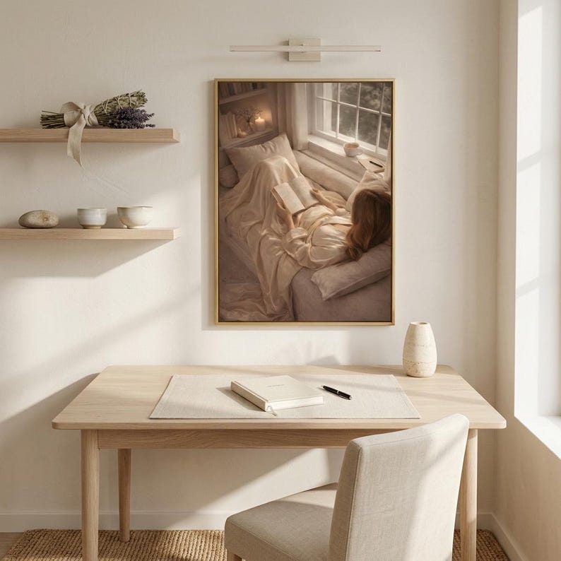 Aesthetic wall art print of a woman reading, framed and hung above a wooden desk in a minimalist home office reading nook with floating shelves.