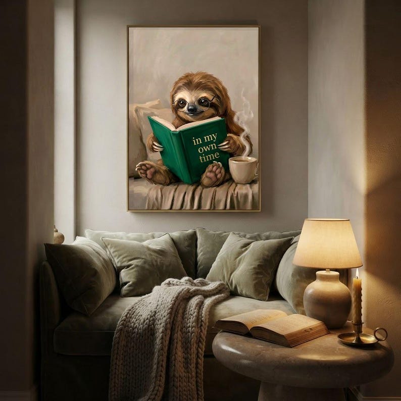 Framed sloth reading print in a quiet reading corner beside a low sofa and a small lamp