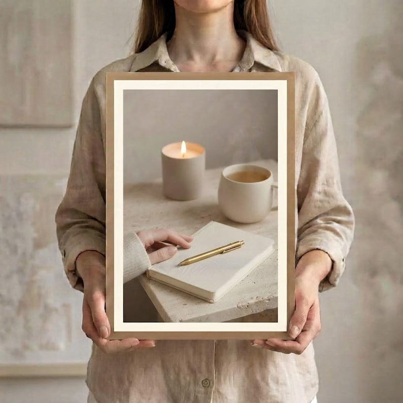 Evening journal ritual wall art printable held at chest height showing scale, neutral slow living gift digital download