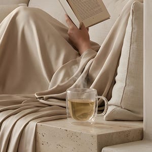 Close-up detail from Arch Wall Art, a cropped fragment of the printable artwork: a hand holding an open book above a draped silk throw, a glass cup of tea on a stone ledge.