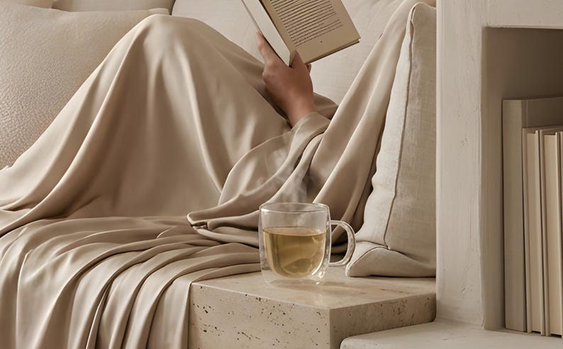 Close-up detail from Arch Wall Art, a cropped fragment of the printable artwork: a hand holding an open book above a draped silk throw, a glass cup of tea on a stone ledge.
