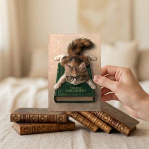 A hand holding a small printed card of a calico cat in glasses draped over a green book titled Feline Philosophy, above a stack of antique leather books on a linen bed.