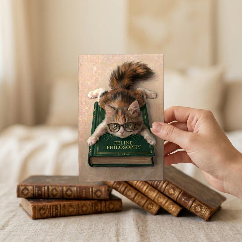 A hand holding a small printed card of a calico cat in glasses draped over a green book titled Feline Philosophy, above a stack of antique leather books on a linen bed.