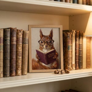 Small oak framed squirrel reading print propped on a bookshelf beside antique leather books and three acorns