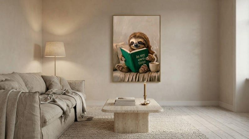 Wide view of a neutral living room with the sloth reading print framed above a low sofa in soft daylight