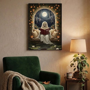 The pumpkin arch ghost reading print framed above a green velvet armchair with a knit throw and a warm lamp