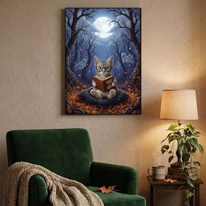 Painterly print of a tabby kitten in round glasses reading on a velvet cushion while small ghosts drift between the trees, holding a book titled Ghostly Tales, framed above a green velvet armchair with a knit throw and a warm lamp
