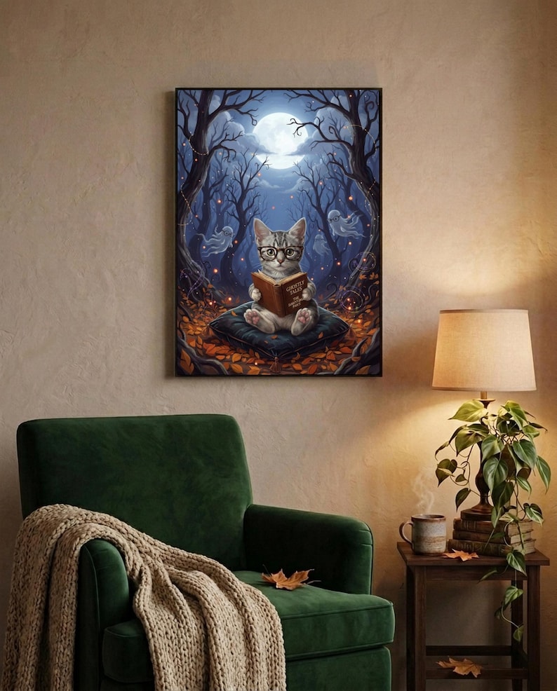 Painterly print of a tabby kitten in round glasses reading on a velvet cushion while small ghosts drift between the trees, holding a book titled Ghostly Tales, framed above a green velvet armchair with a knit throw and a warm lamp