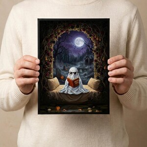 The graveyard arch ghost reading print held in both hands by a person in a cream sweater, showing its scale