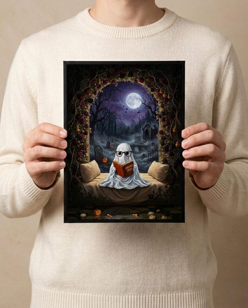 The graveyard arch ghost reading print held in both hands by a person in a cream sweater, showing its scale