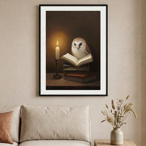 Framed barn owl print reading by candlelight, hung above a linen sofa on a warm neutral wall