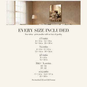 Print size chart for the calico kitten reading art print showing every included ratio and dimension, from 2:3 and 3:4 through 4:5, ISO A-series and 11:14