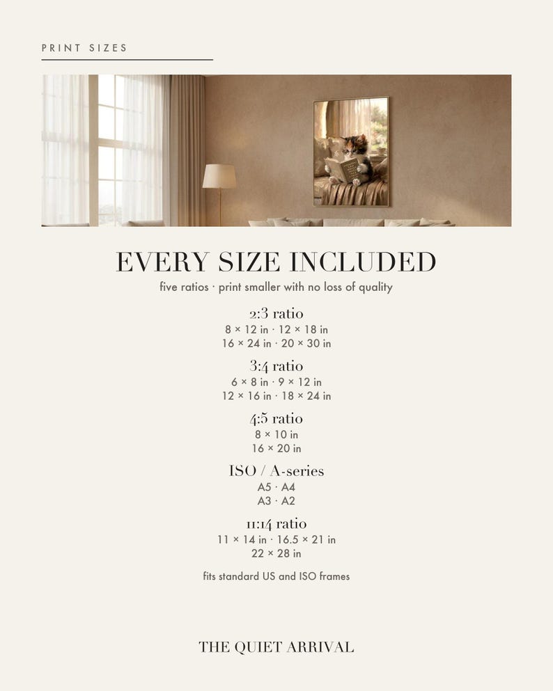 Print size chart for the calico kitten reading art print showing every included ratio and dimension, from 2:3 and 3:4 through 4:5, ISO A-series and 11:14