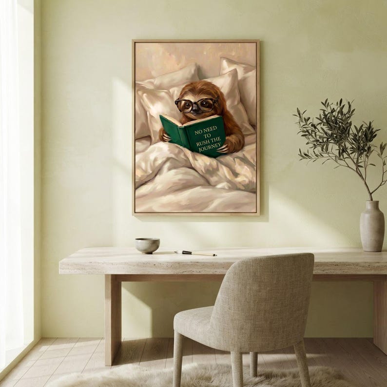 The sloth reading print framed on a soft sage green wall above a pale desk with an upholstered chair and an olive branch in a vase
