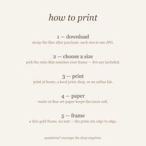 How-to-print guide explaining home printing, print shops, included file ratios, and personal-use terms.