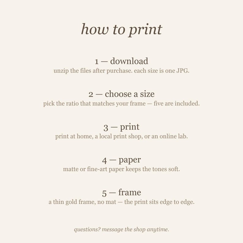How-to-print guide explaining home printing, print shops, included file ratios, and personal-use terms.