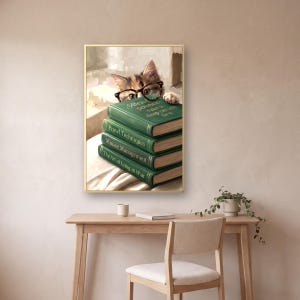 The framed cat peeking over books print on a plaster wall above a slim pale oak desk with a linen-seat chair, a ceramic cup, a closed notebook and a trailing plant in a pale pot.