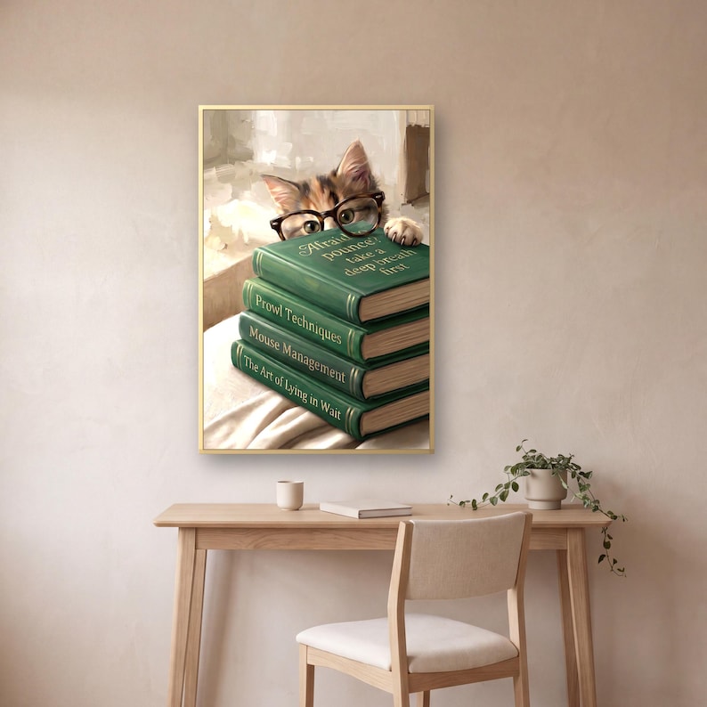 The framed cat peeking over books print on a plaster wall above a slim pale oak desk with a linen-seat chair, a ceramic cup, a closed notebook and a trailing plant in a pale pot.