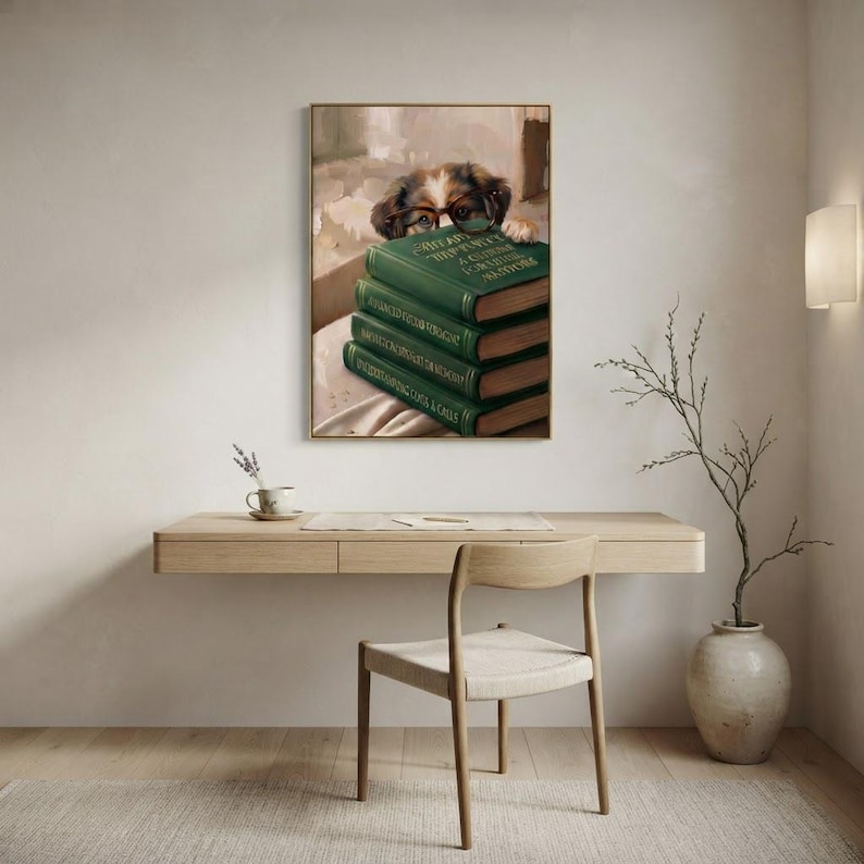 Dog in round glasses peeking over books print framed above a restrained workspace with pale walls and a natural linen chair