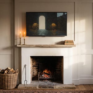 Lamplit courtyard at dusk art from the set on a Frame TV above a stone mantel in a panelled living room, with a lit fire, candlesticks and window light