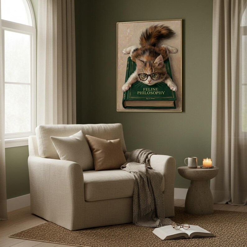Framed kitten wall art in a quiet reading corner beside an armchair and a small side table