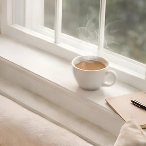Close-up detail from Cozy Reading Nook Aerial Scene Print, a cropped fragment of the printable artwork: a steaming cup of coffee, a notebook and pen on a bright window ledge beside a linen curtain.