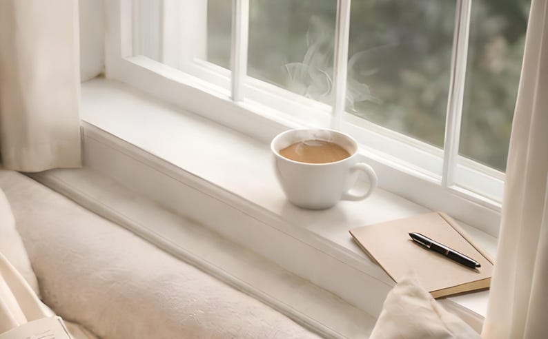 Close-up detail from Cozy Reading Nook Aerial Scene Print, a cropped fragment of the printable artwork: a steaming cup of coffee, a notebook and pen on a bright window ledge beside a linen curtain.