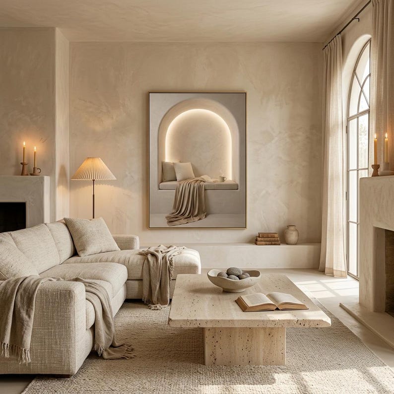 Same reading nook art in a calm light-filled living room with warm plaster walls and a thin gold frame, no mat.