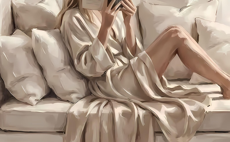 Close-up detail from Blonde Woman in a Reading Nook, a cropped fragment of the printable artwork showing the painted texture, soft light and colour up close.