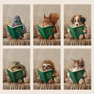 All six artworks shown unframed on a cream background in a three by two grid: the pigeon, squirrel, puppy, tortoise, sloth and kitten, each reading a green book