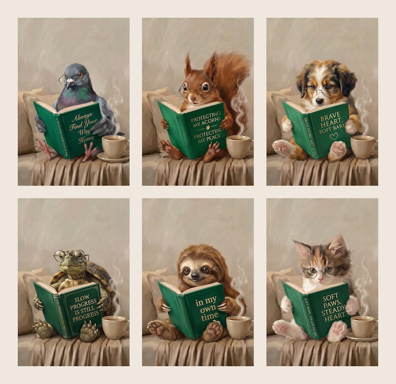 All six artworks shown unframed on a cream background in a three by two grid: the pigeon, squirrel, puppy, tortoise, sloth and kitten, each reading a green book