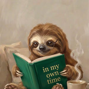 Close-up detail of the sloth reading print showing the round glasses, the gold lettering on the green book In My Own Time, and the long curved claws
