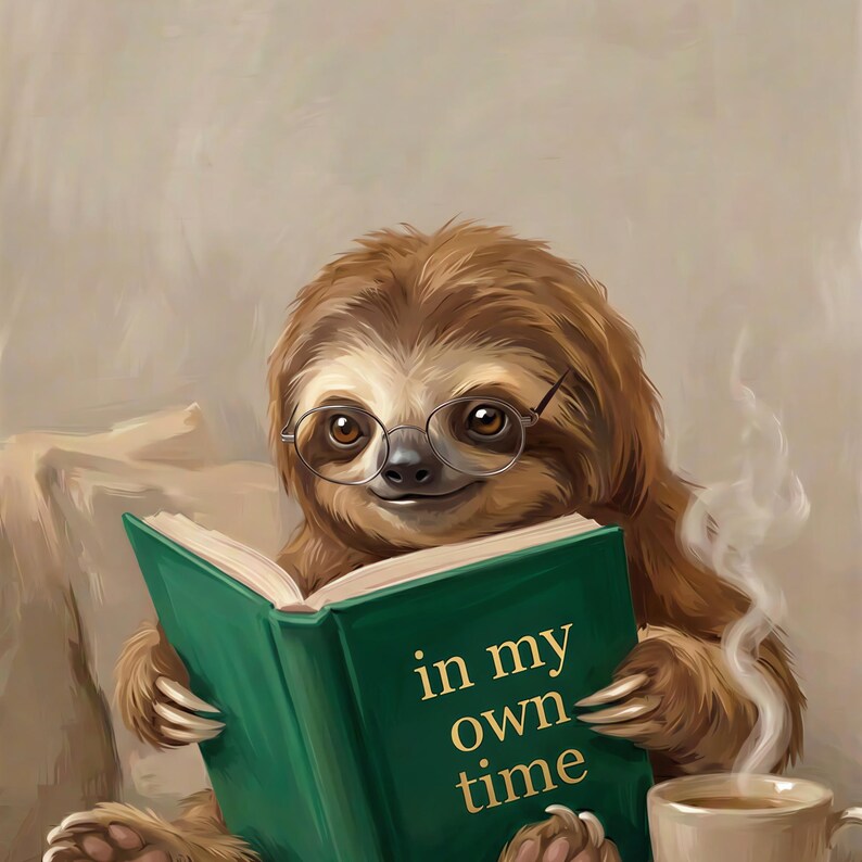 Close-up detail of the sloth reading print showing the round glasses, the gold lettering on the green book In My Own Time, and the long curved claws