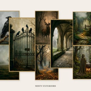 Eight framed misty exterior prints arranged as a gallery wall: a crow on a bare branch, a foggy field, an iron gate crowded with ravens, a stag in mist, a leaf-strewn autumn path, an arched cloister walkway, an ivy-covered stone well, and a cloaked figure at a cauldron in woodland. Caption reads Misty Exteriors.