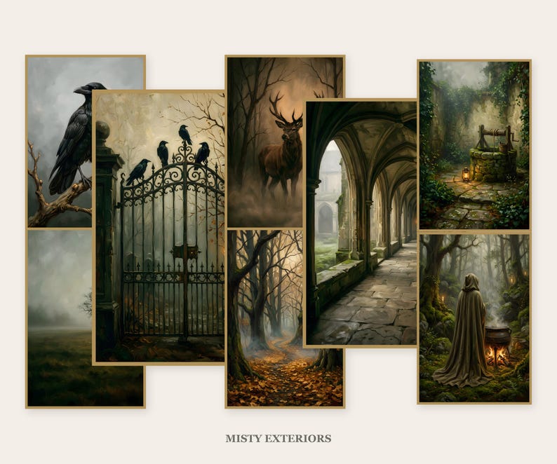 Eight framed misty exterior prints arranged as a gallery wall: a crow on a bare branch, a foggy field, an iron gate crowded with ravens, a stag in mist, a leaf-strewn autumn path, an arched cloister walkway, an ivy-covered stone well, and a cloaked figure at a cauldron in woodland. Caption reads Misty Exteriors.