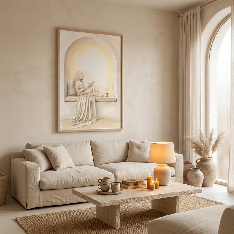 Same woman reading nook art in a calm light-filled living room with warm plaster walls and a thin gold frame, no mat.