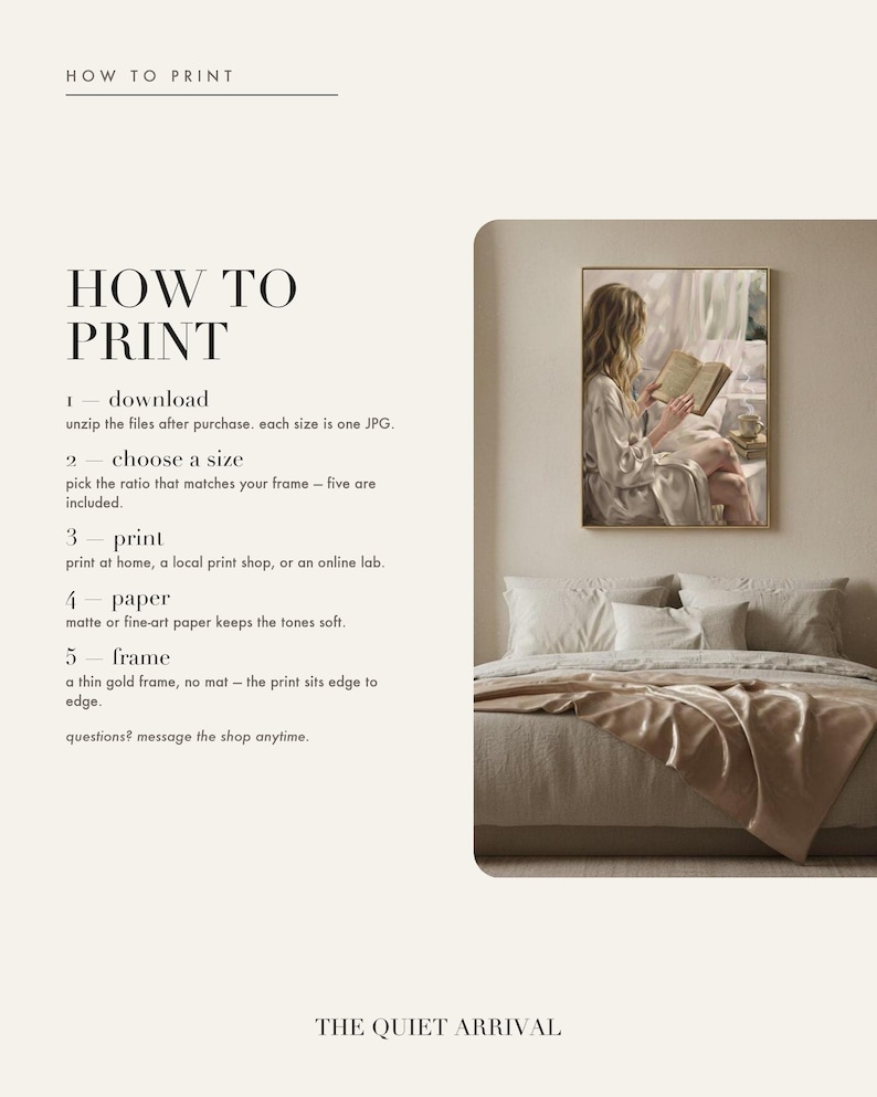 Five step guide to downloading, choosing a size, printing and framing this digital art print