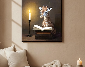 May include: A framed wall art print featuring a giraffe wearing round glasses, sitting behind a stack of dark books with an open book on top. A tall, thin black candlestick with a lit white candle stands to the left against a dark brown background.
