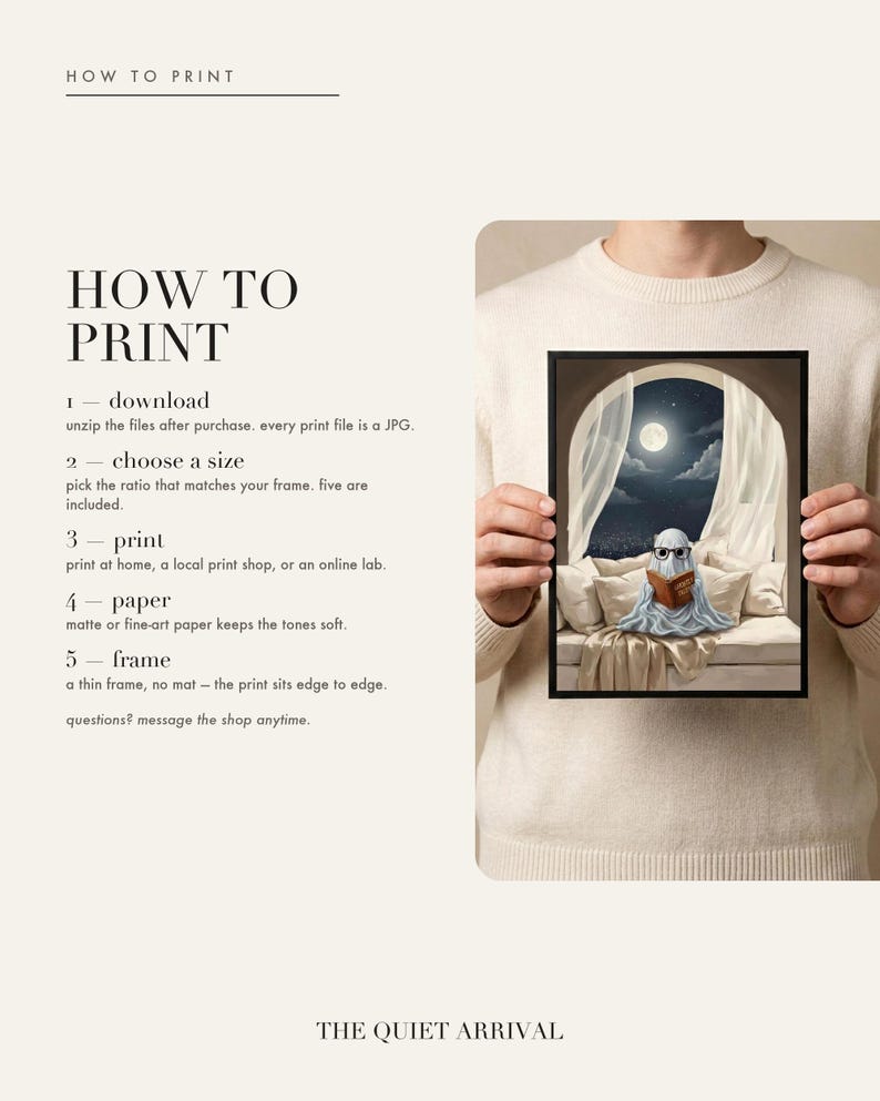 How to print card: download and unzip, choose the ratio that fits your frame, print at home or at a print shop, and framing and paper tips.
