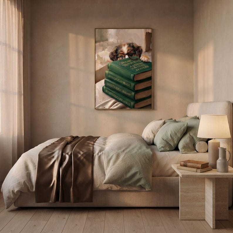 Dog peeking over books art print framed on a textured plaster bedroom wall above linen bedding in soft morning light