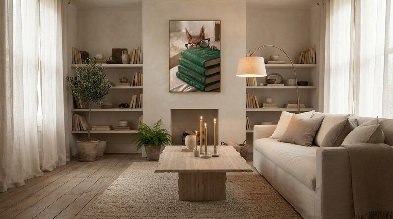 Wide view of a neutral living room with the squirrel peeking over books print framed above a low sofa in soft daylight