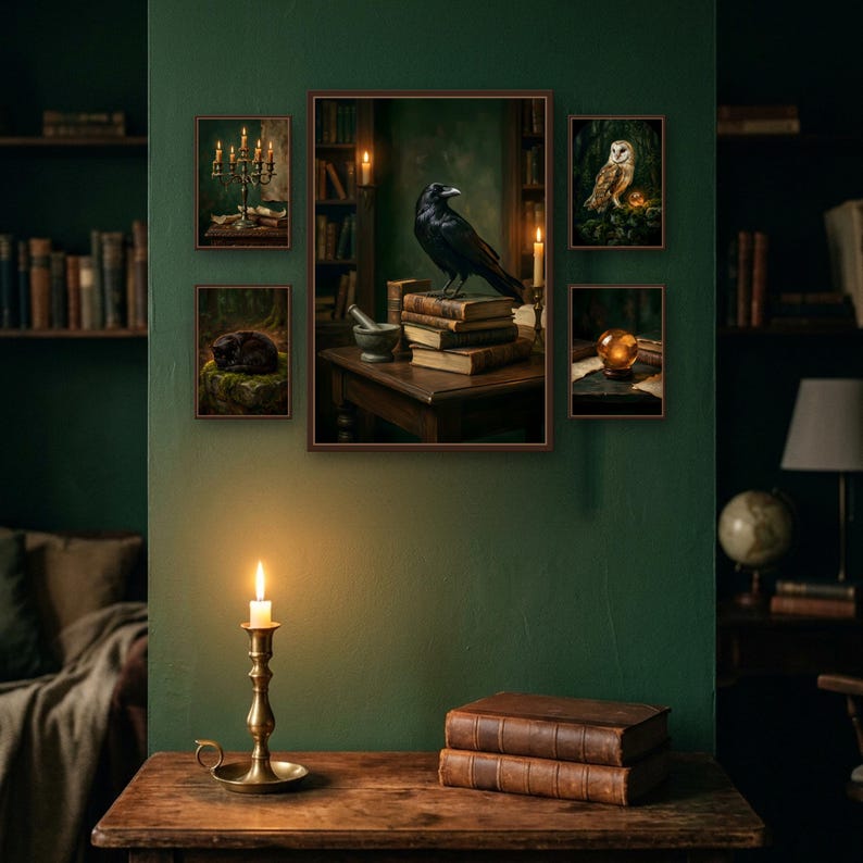 Five dark wood framed prints hung as a gallery wall on a deep green study wall: a raven on old books in the centre, with a brass candelabra, a black kitten curled on moss, a barn owl with a glowing orb and a crystal orb on old letters beside it, above a console with a brass candlestick and leather books