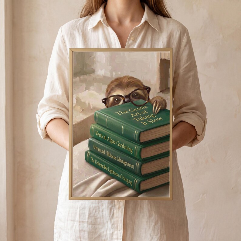 A person in a linen shirt holding the sloth peeking over books print in a slim gold frame against a warm plaster wall.